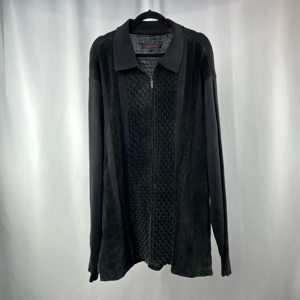 Lorenier Leather Woven Detail Wool Blend Sweater Jacket in Black‎ Size XL